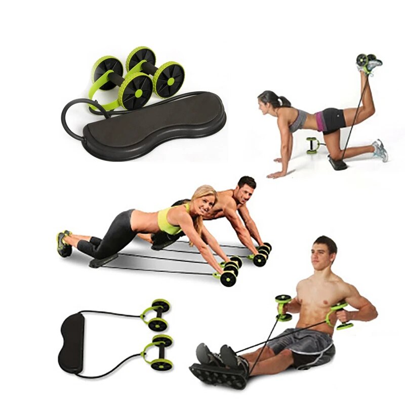 Multiple exercising wheel roller with knee pads